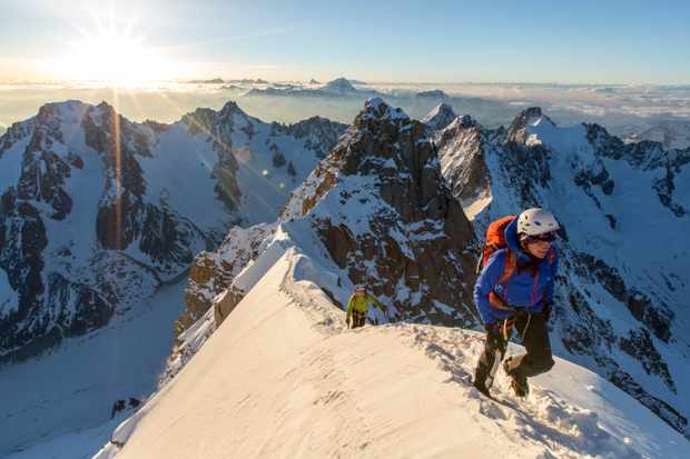 Brooke and Ally arrive on the summit of the Aiguille Verte